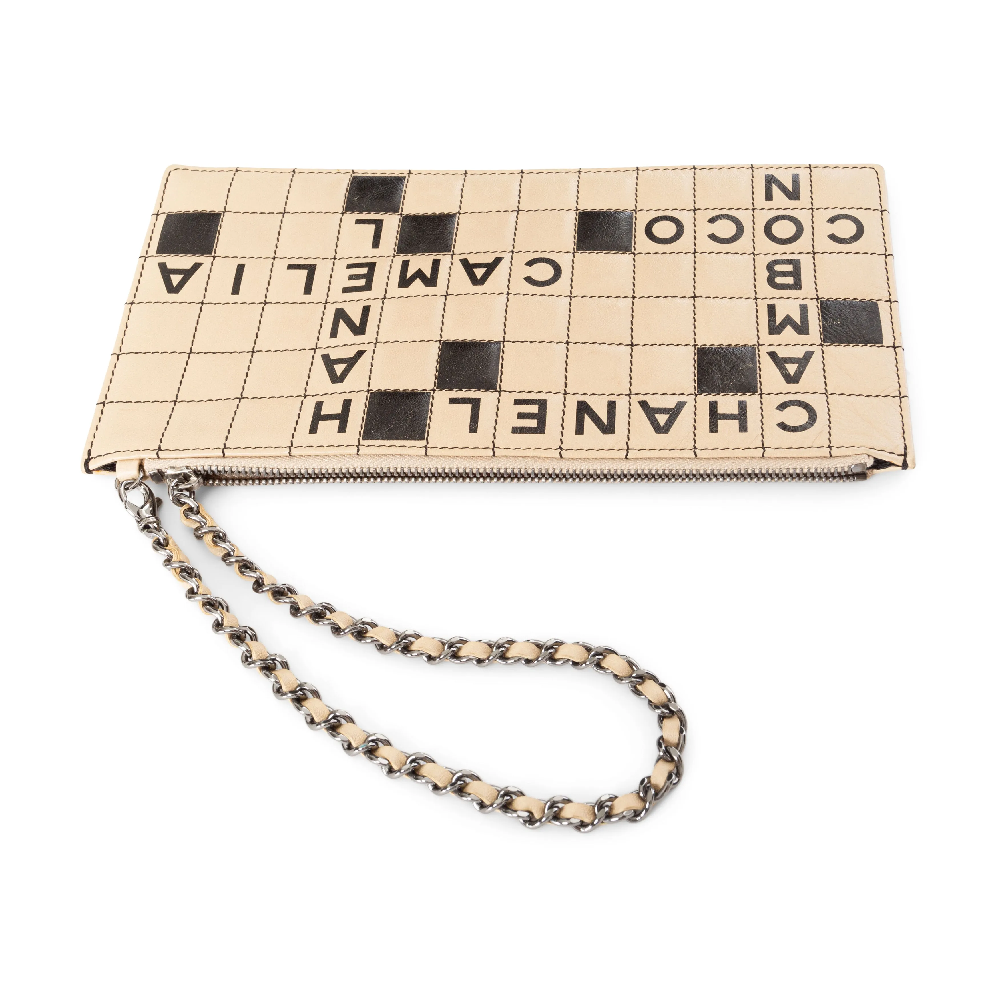 2000s Beige and Black Leather Crossword Camelia Pochette