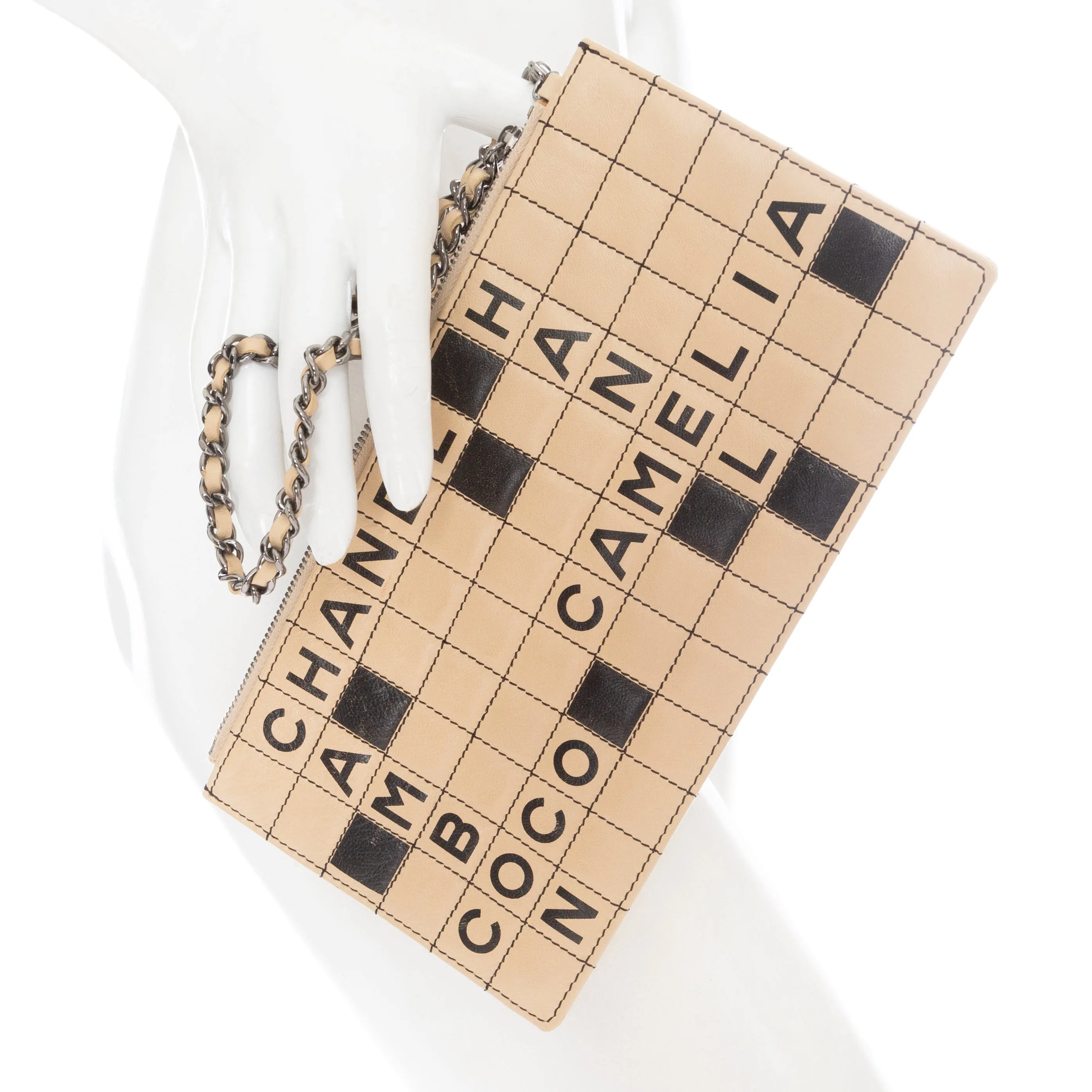 2000s Beige and Black Leather Crossword Camelia Pochette