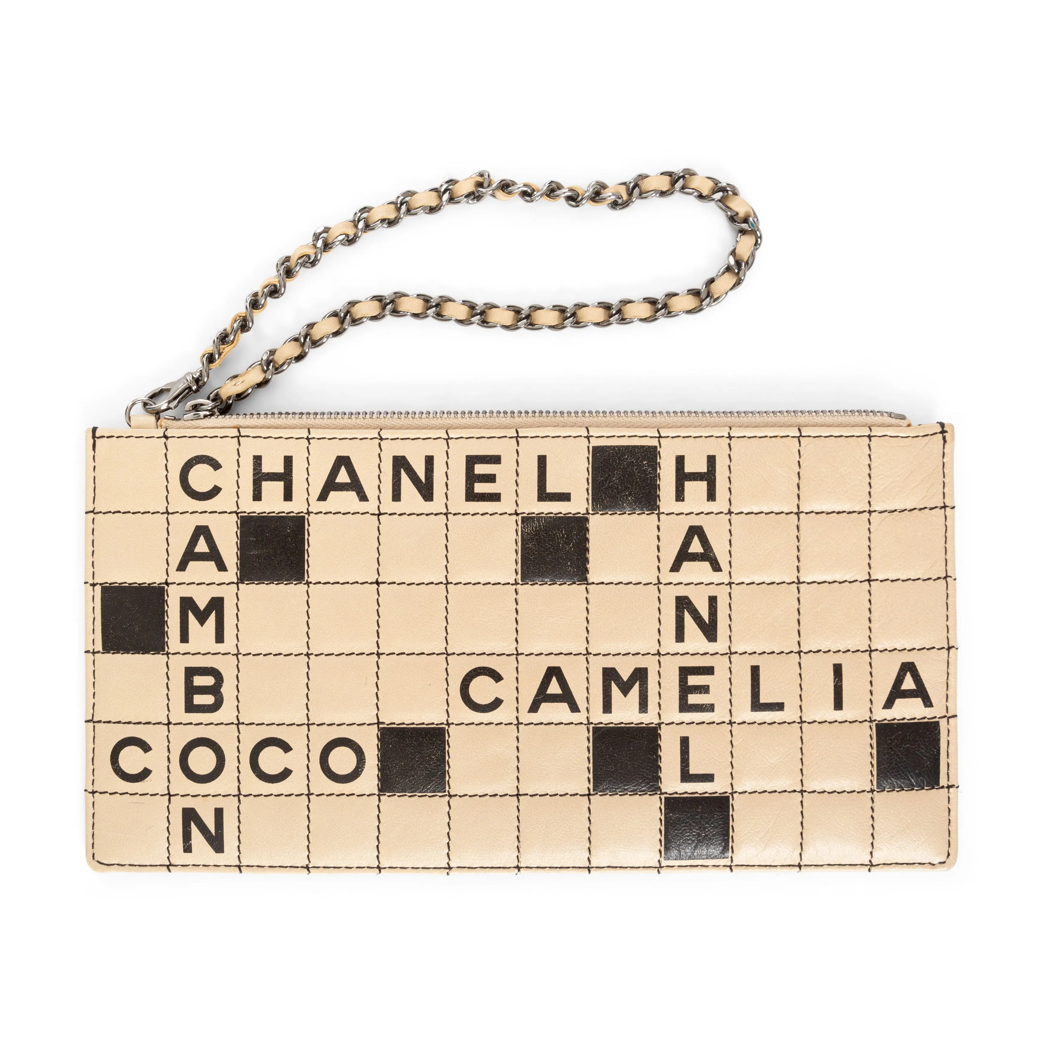 2000s Beige and Black Leather Crossword Camelia Pochette