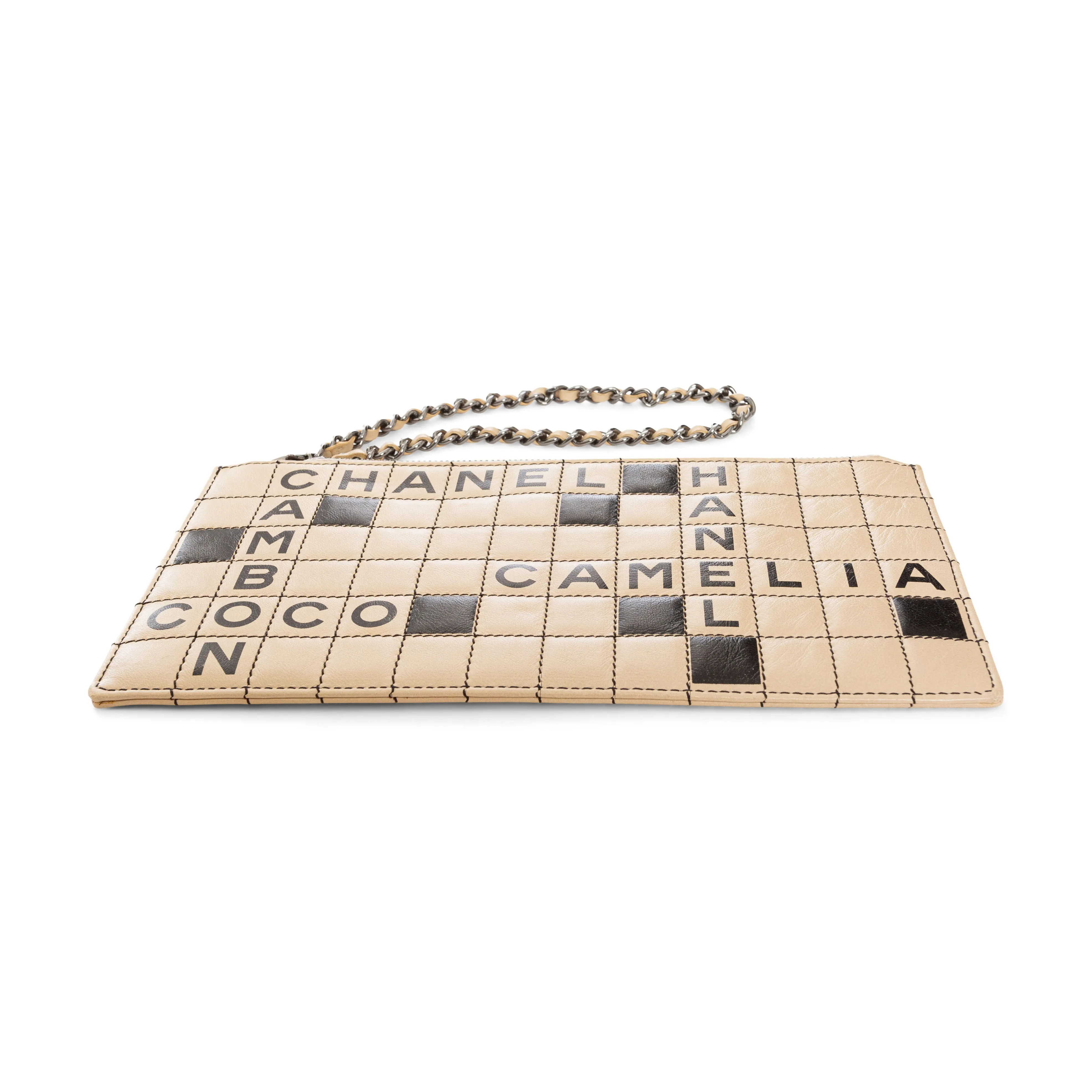 2000s Beige and Black Leather Crossword Camelia Pochette