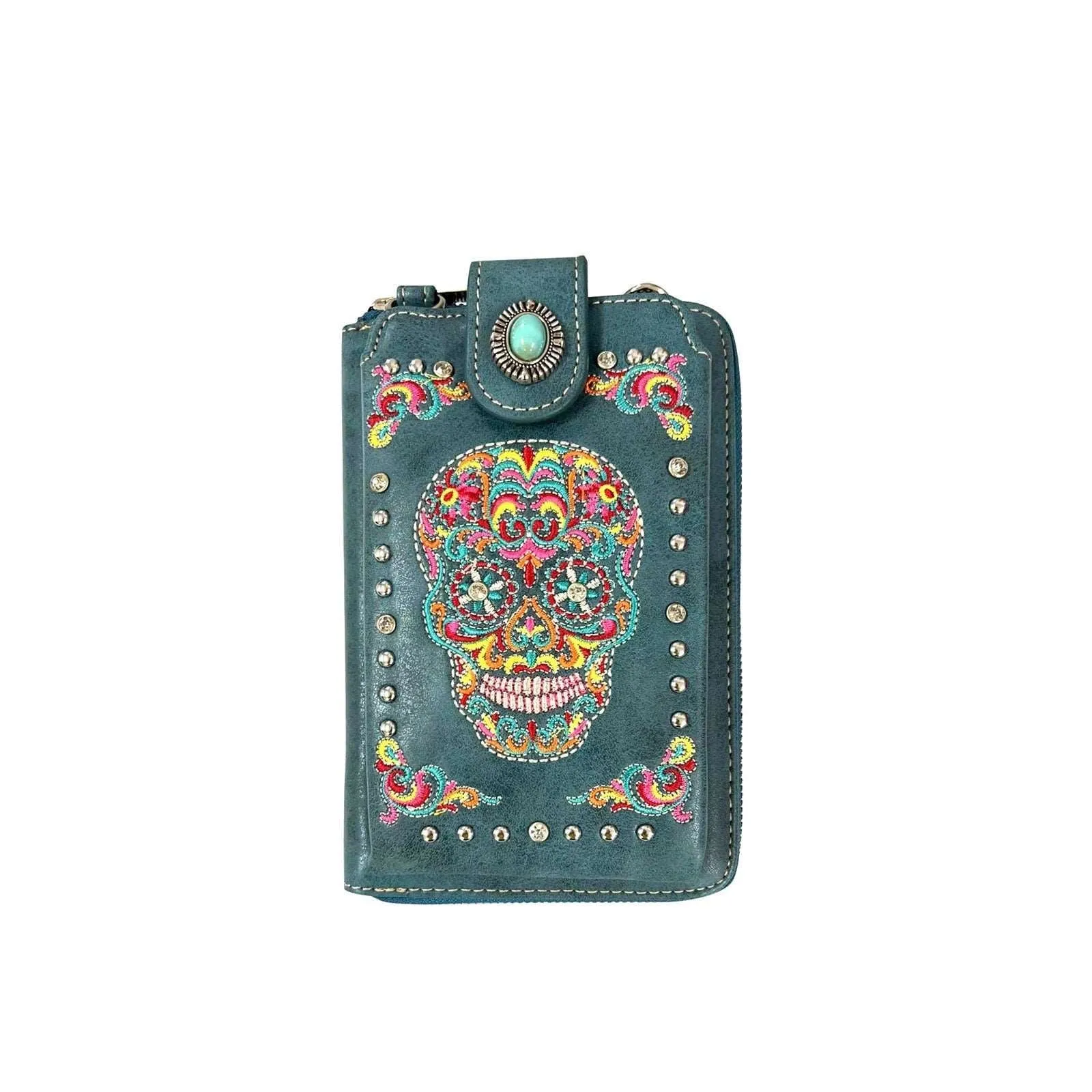 American Bling Embroidered Sugar Skull Crossbody Phone Wallet