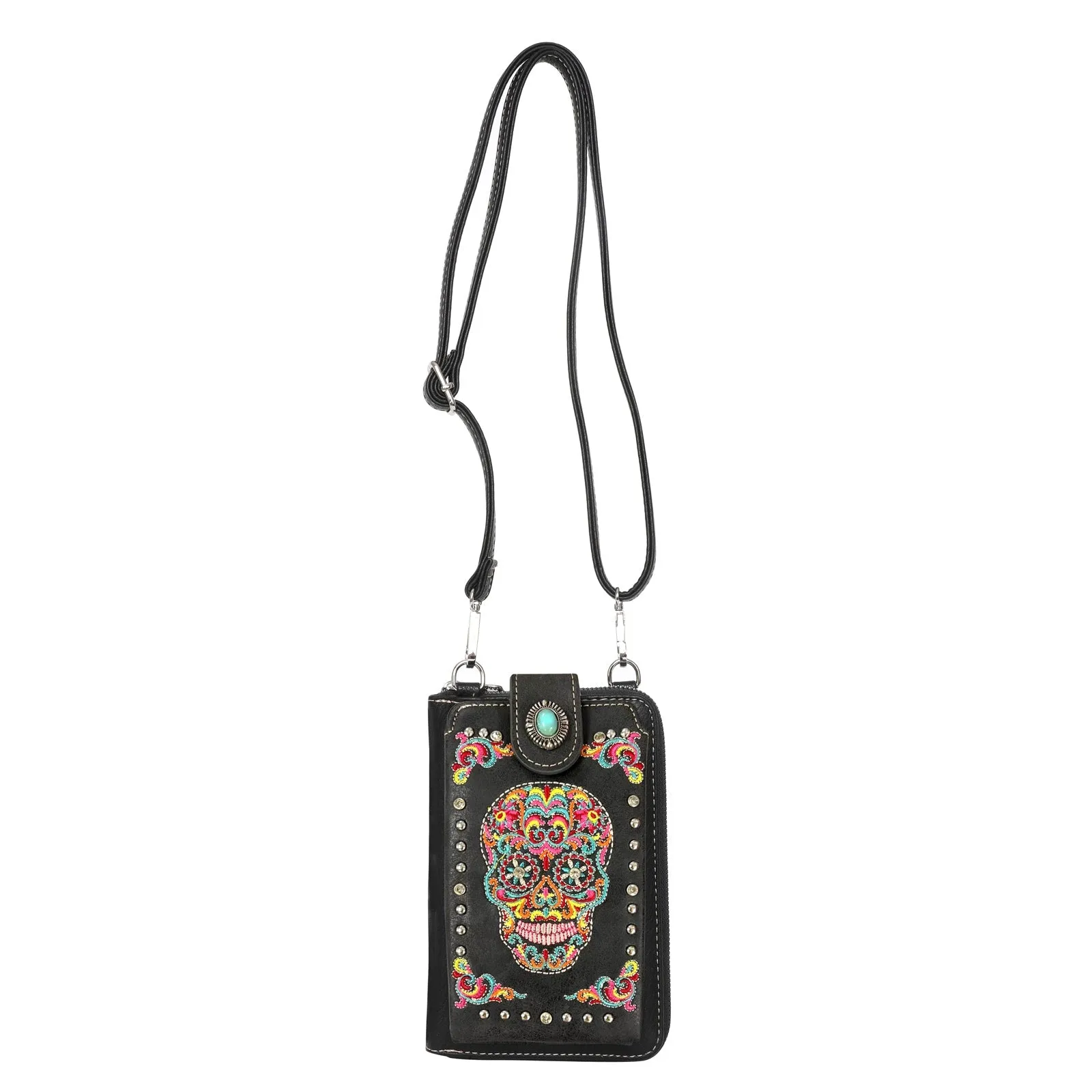 American Bling Embroidered Sugar Skull Crossbody Phone Wallet