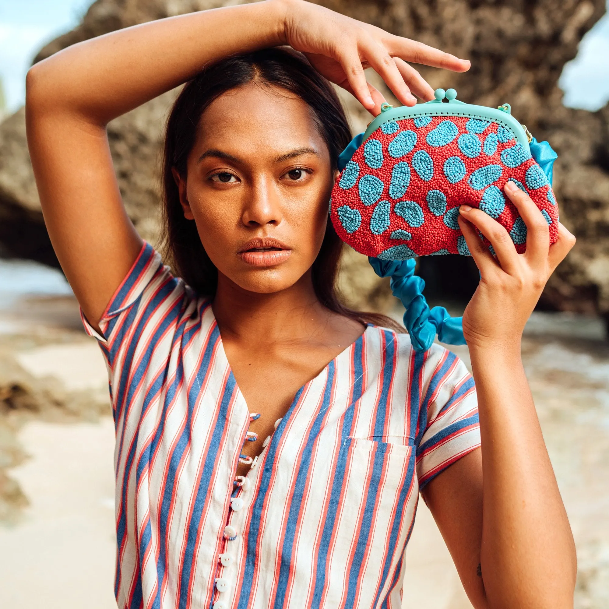 ARNOLDI ARIELA Hand-Beaded Clutch, in Red & Turquoise