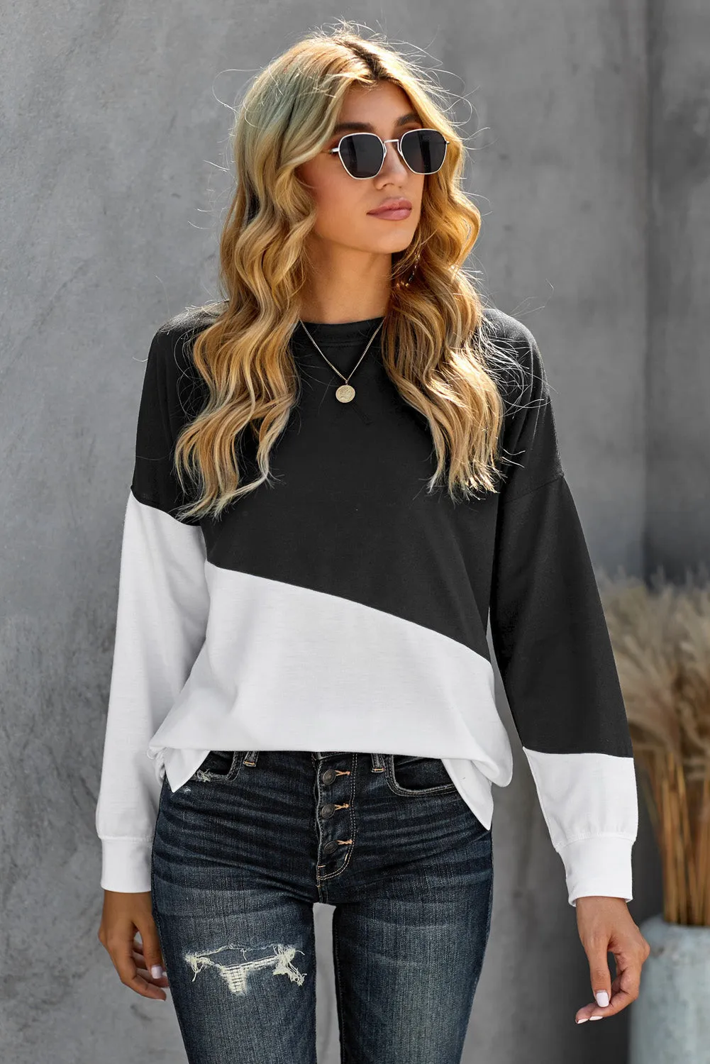 Black White Patchwork Dropped Shoulder Sleeve Sweatshirt