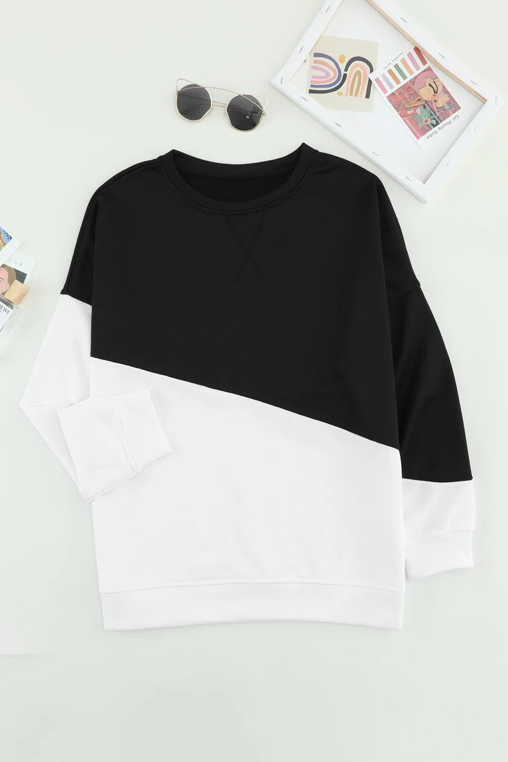 Black White Patchwork Dropped Shoulder Sleeve Sweatshirt