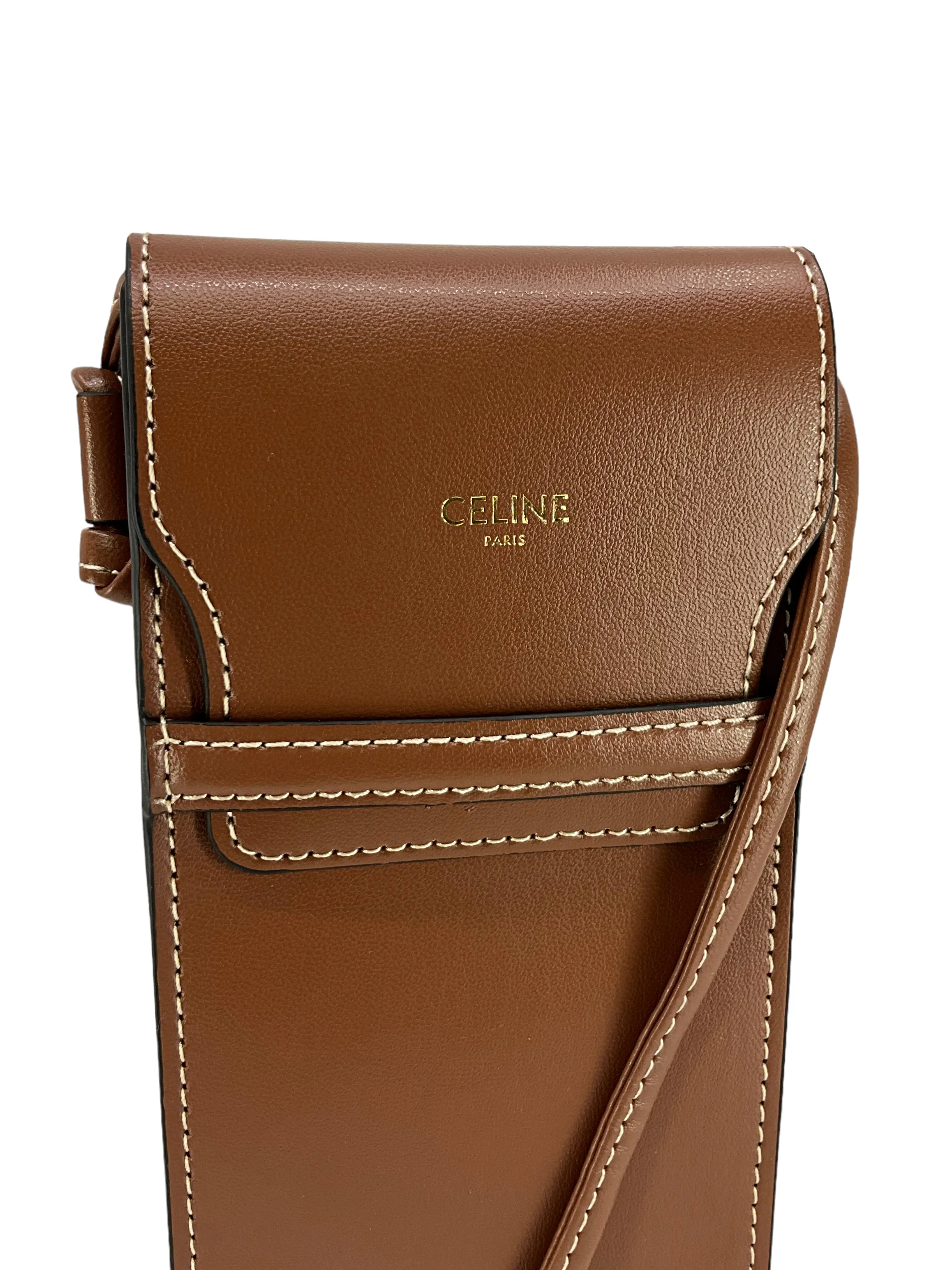 CELINE Luxe Grained Calfskin Phone Pouch with Stylish Flap