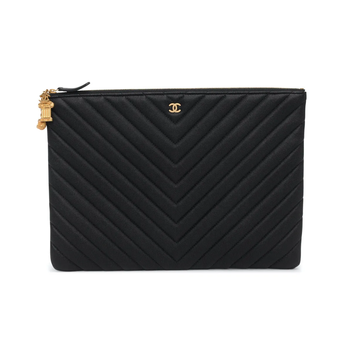 Chanel Black Chevron Caviar Large O Case Pouch