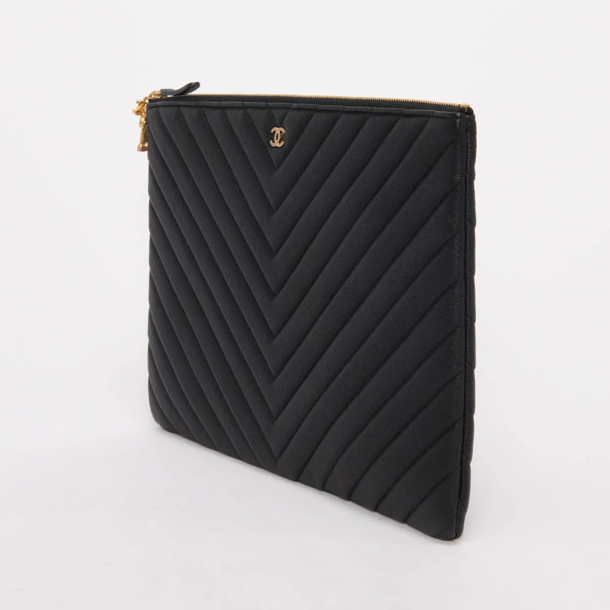 Chanel Black Chevron Caviar Large O Case Pouch