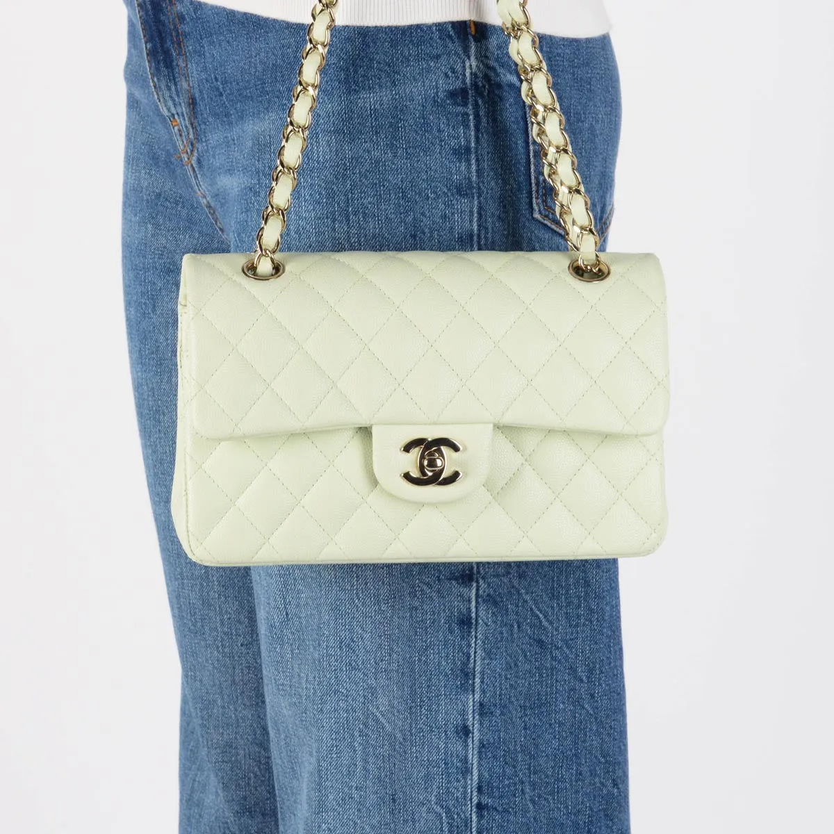 Chanel Mint Green Caviar Small Classic Double Flap Bag