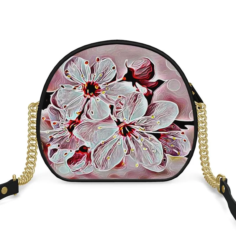 Floral Embosses: Pictorial Cherry Blossoms 01-03 Designer Round Crossbody Bag (2 strap styles)