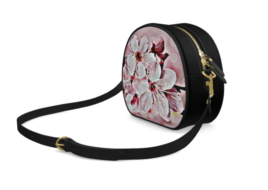 Floral Embosses: Pictorial Cherry Blossoms 01-03 Designer Round Crossbody Bag (2 strap styles)