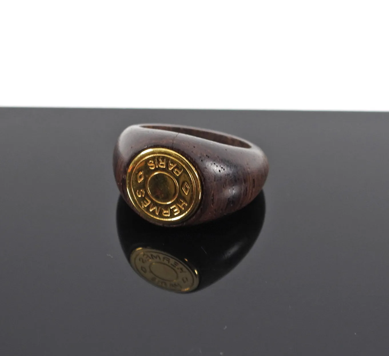 Hermes Vintage Circa 1980's Wood and Goldtone Clou de Selle Ring - 8.5