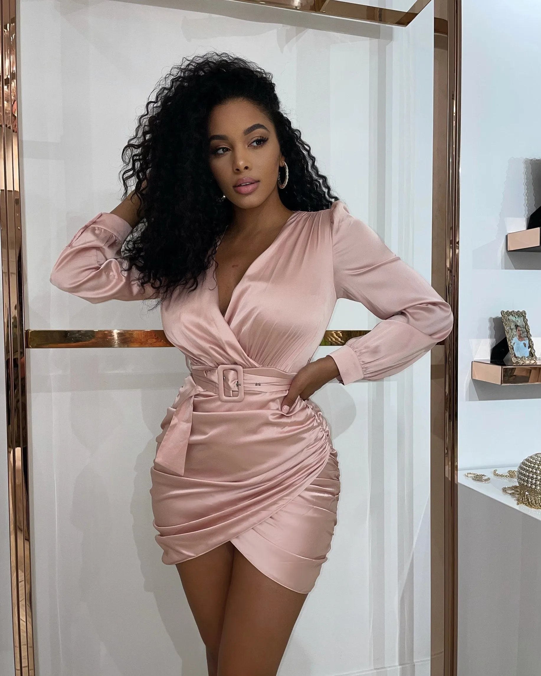 ‘MARCIE’ Satin Rushed Dress in Pink