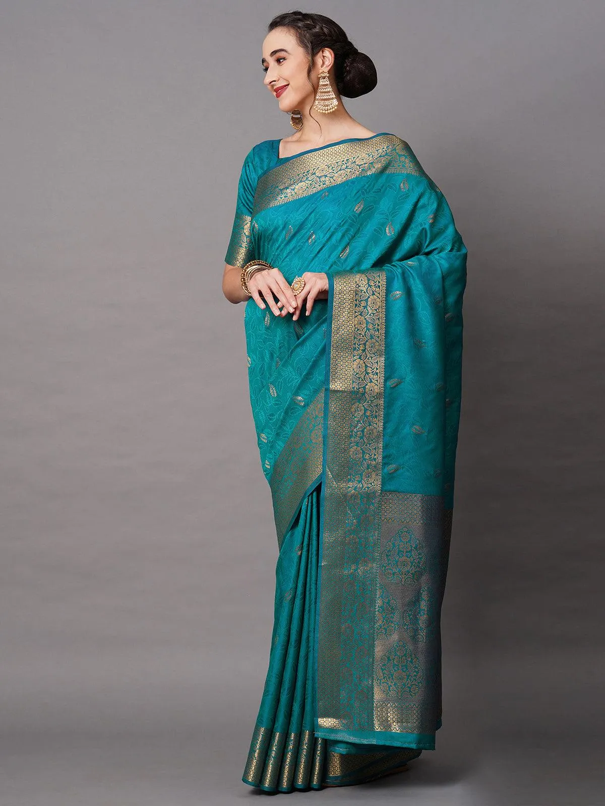 Odette Women Blue Festive Silk Blend Woven Design Saree With Unstitched Blouse