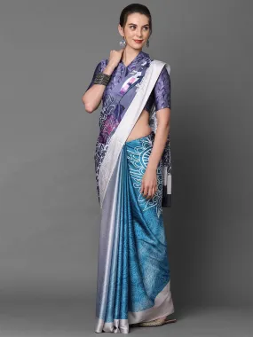 Odette Women Grey & Blue Casual Crepe Printed Saree With Unstitched Blouse