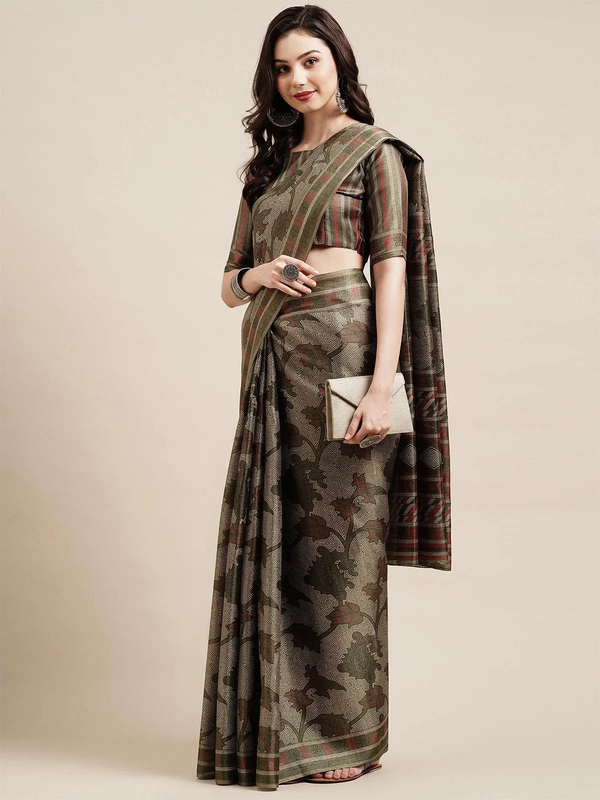 Odette Women Olive Green Casual Bhagalpuri Silk Printed Saree With Unstitched Blouse