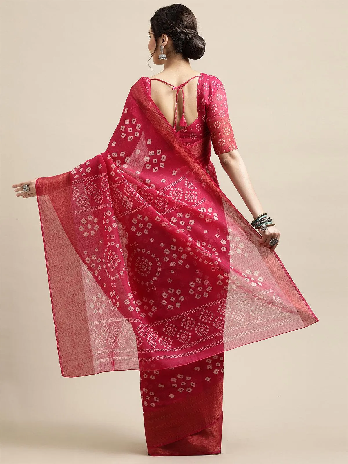 Odette Women Pink Casual Semi Linen Printed Saree With Unstitched Blouse