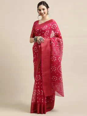 Odette Women Pink Casual Semi Linen Printed Saree With Unstitched Blouse