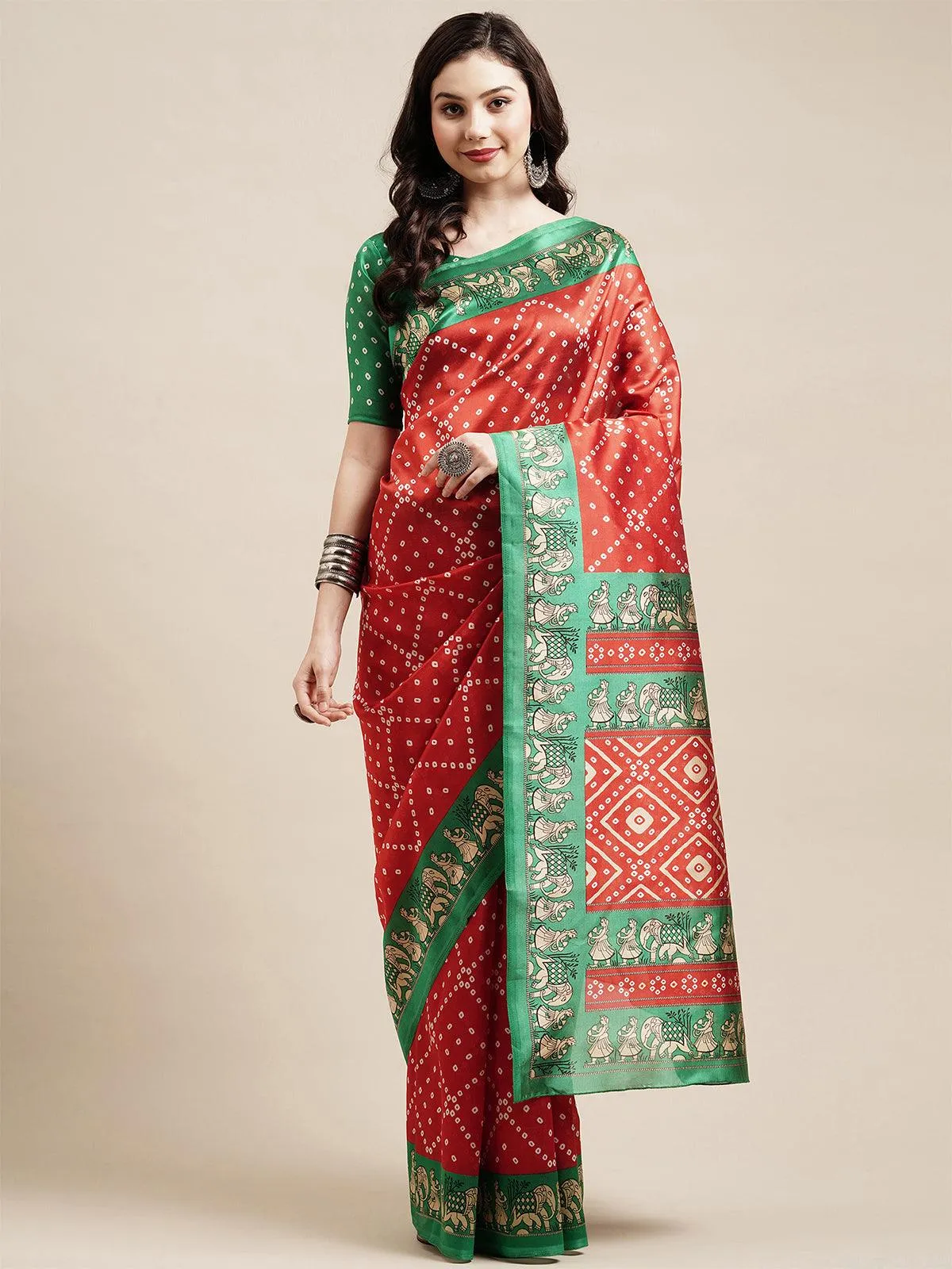 Odette Women Red Casual Art Silk Printed Saree With Unstitched Blouse