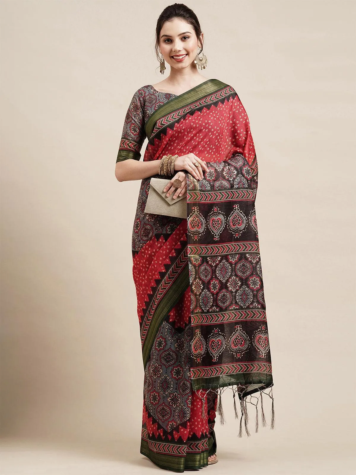 Odette Women Red Casual Linen Blend Printed Saree With Unstitched Blouse