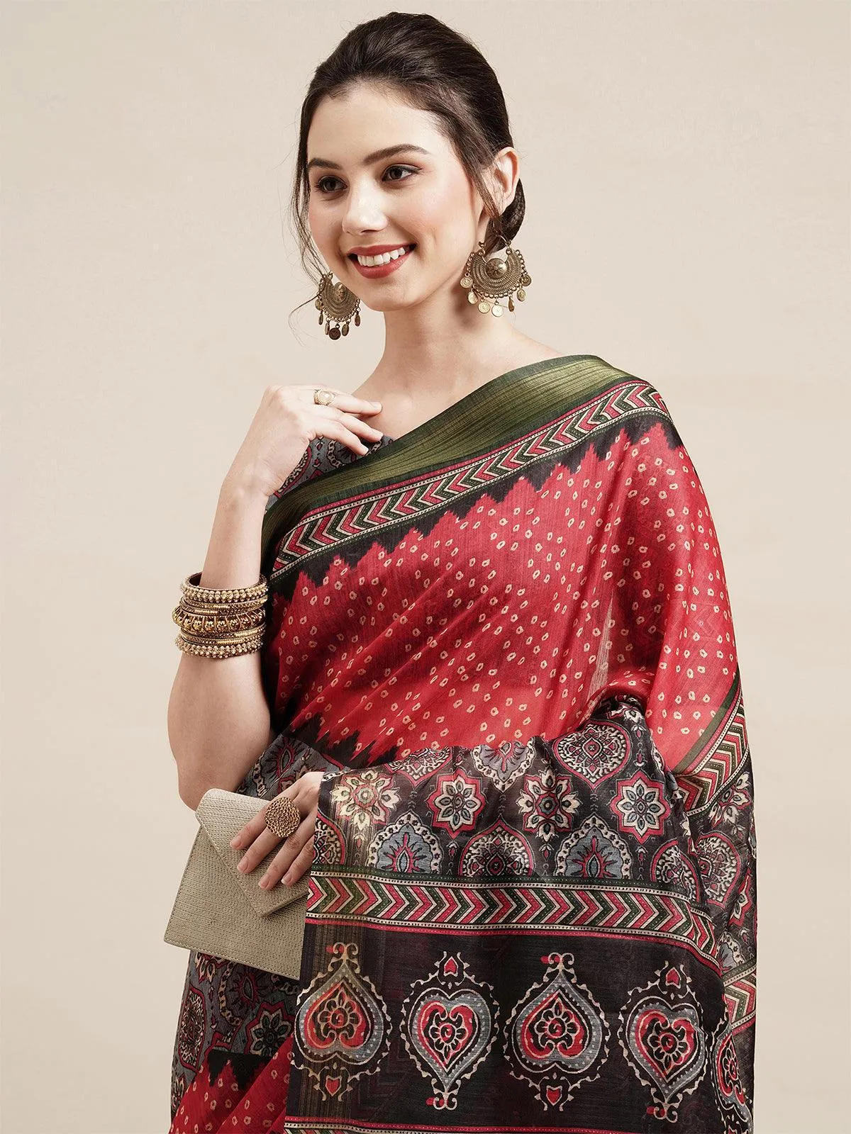 Odette Women Red Casual Linen Blend Printed Saree With Unstitched Blouse