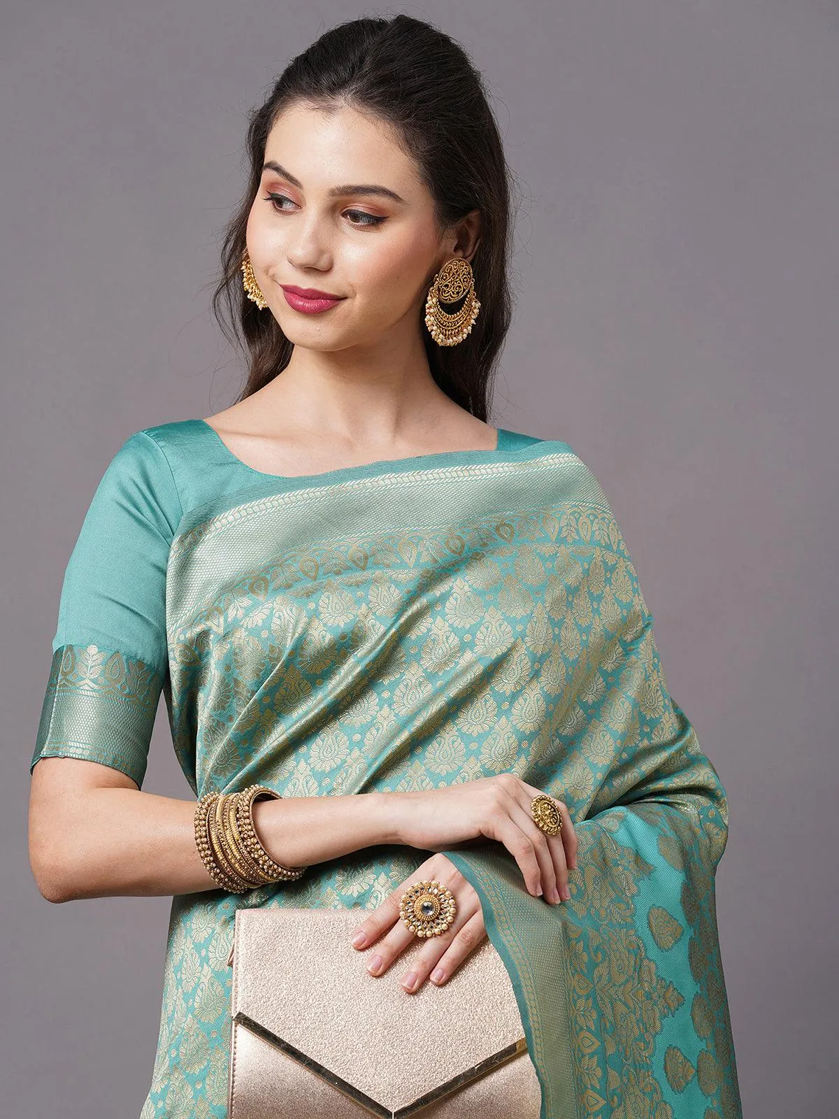 Odette Women Teal Blue Festive Silk Blend Woven Design Saree With Unstitched Blouse