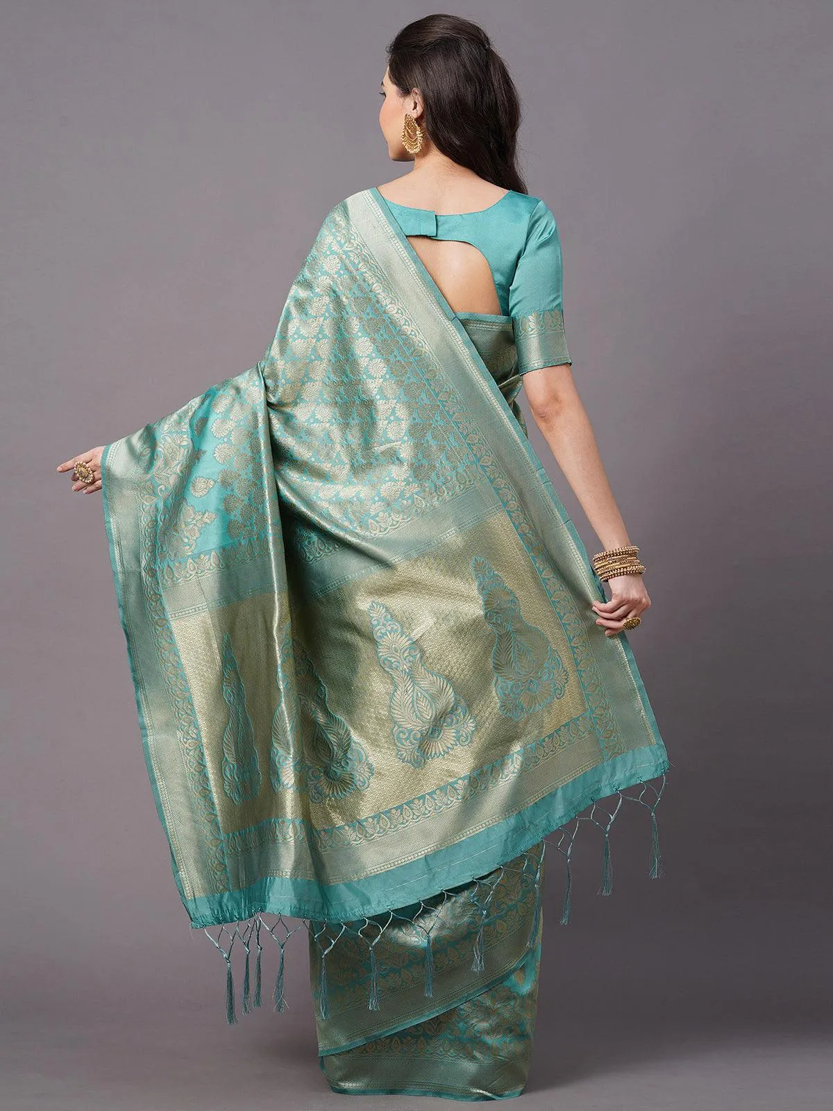 Odette Women Teal Blue Festive Silk Blend Woven Design Saree With Unstitched Blouse