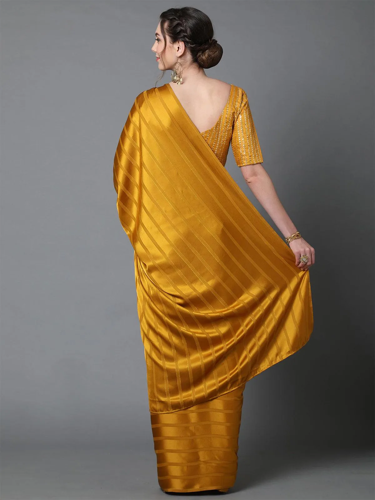 Odette Women Yellow Casual Georgette And Satin Solid Saree With Unstitched Blouse