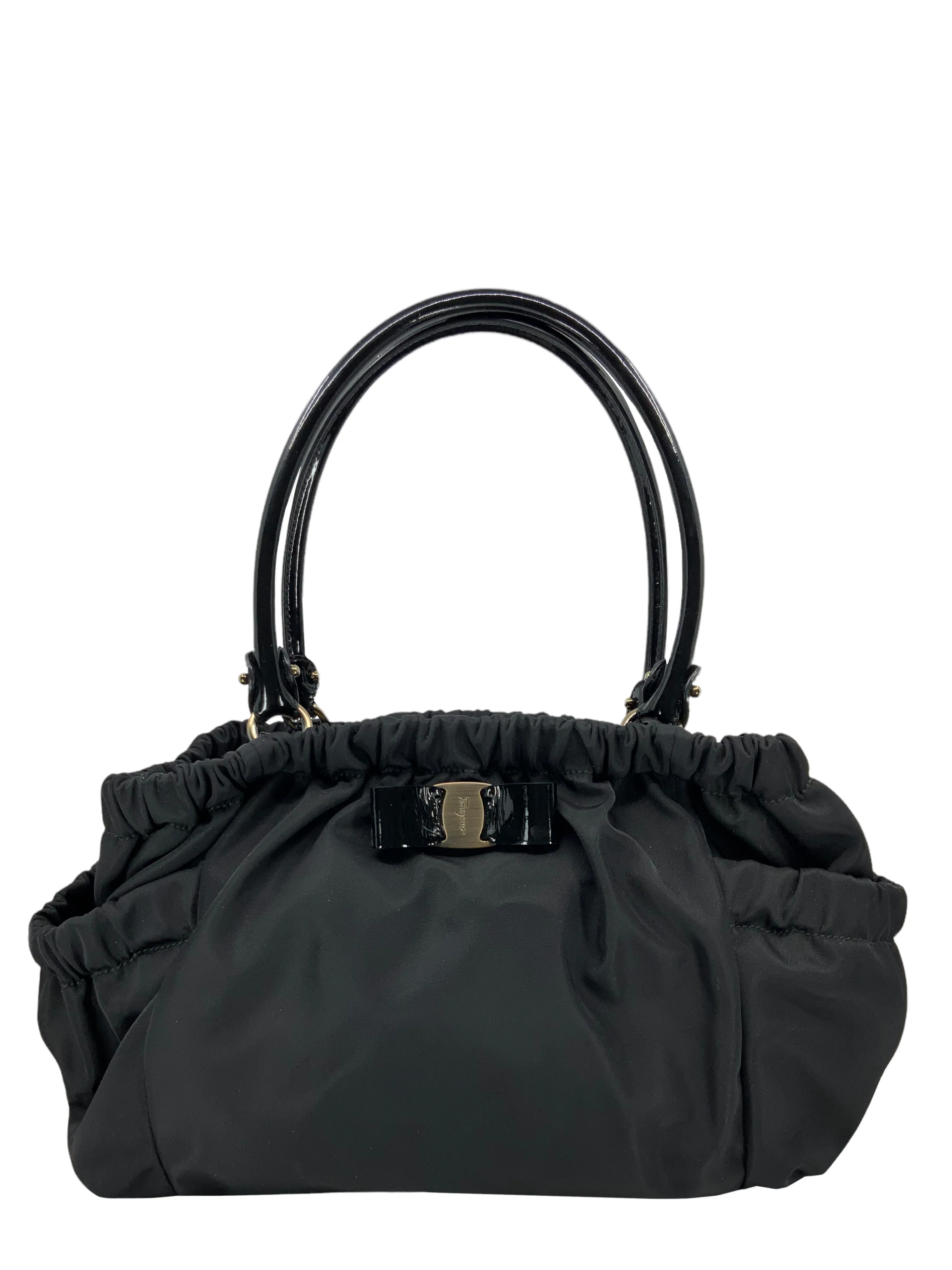 Salvatore Ferragamo Nylon Patent Leather Trim Vara Bow Tote